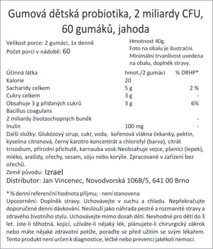 Gumová dětská probiotika + prebiotika, 2 miliardy CFU, 60 gumáků, jahoda