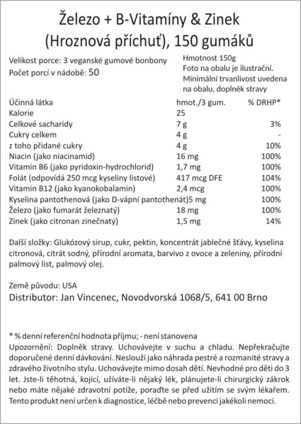 Železo + B-vitaminy & Zinek, hroznová příchuť, 150 gumových bonbónů