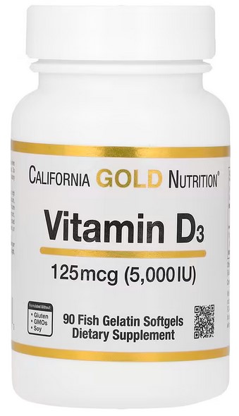 Vitamín D3, 125 μg (5 000 IU), 90 měkkých kapslí