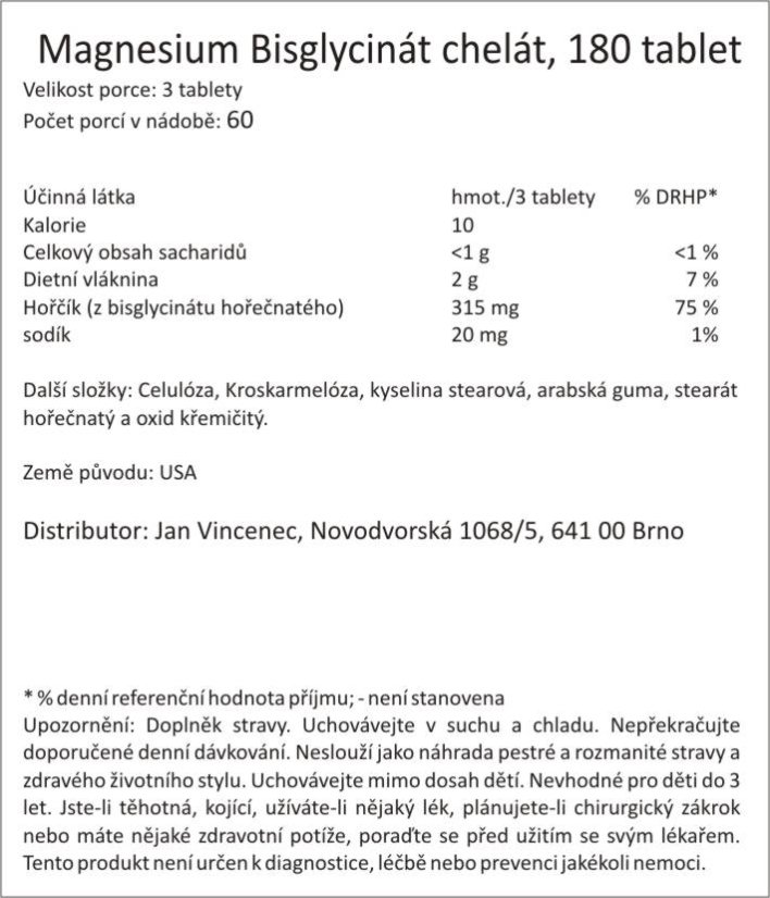 Magnesium Bisglycinát chelát, 180 tablet, bisglycinát hořečnatý