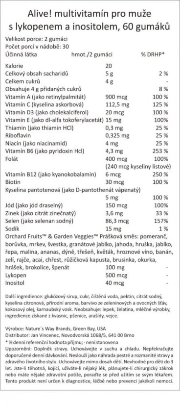 Alive! gumový multivitamin pro muže s lykopenem, ovocem a zeleninou, 60 gumáků