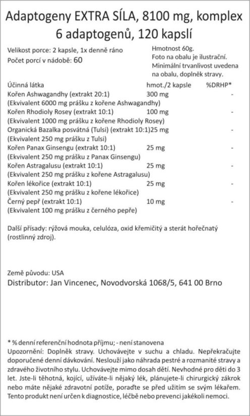 Adaptogeny, Ashwagandha, Rhodiola, Tulsi, Ženšen, Astralagus, 8100 mg, 120 kapslí