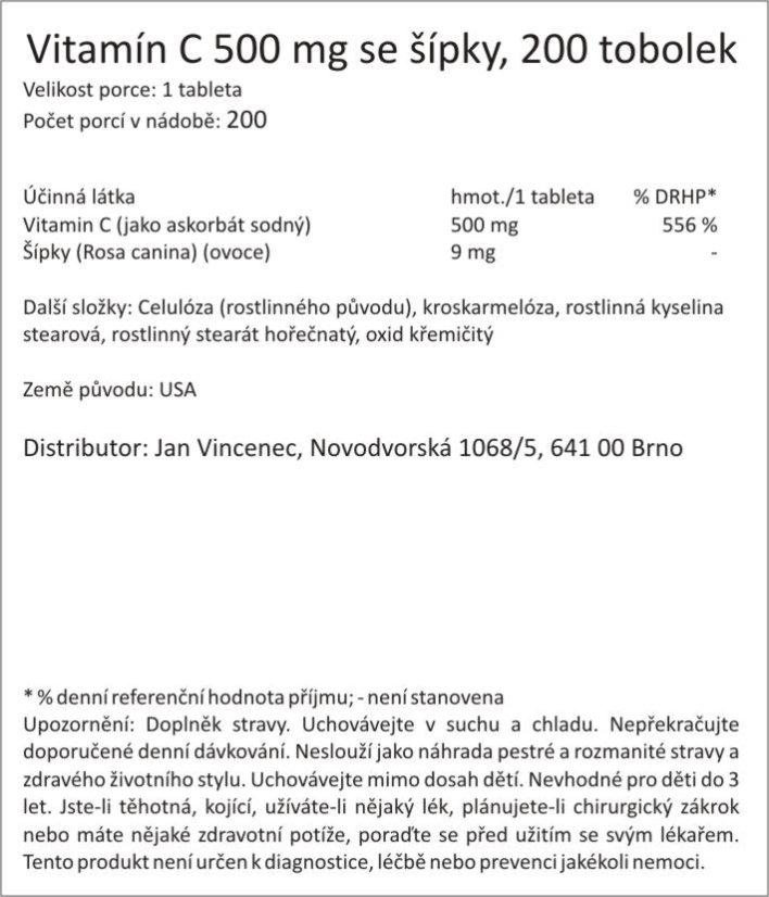Vitamín C 500 mg se šípky, 200 tobolek
