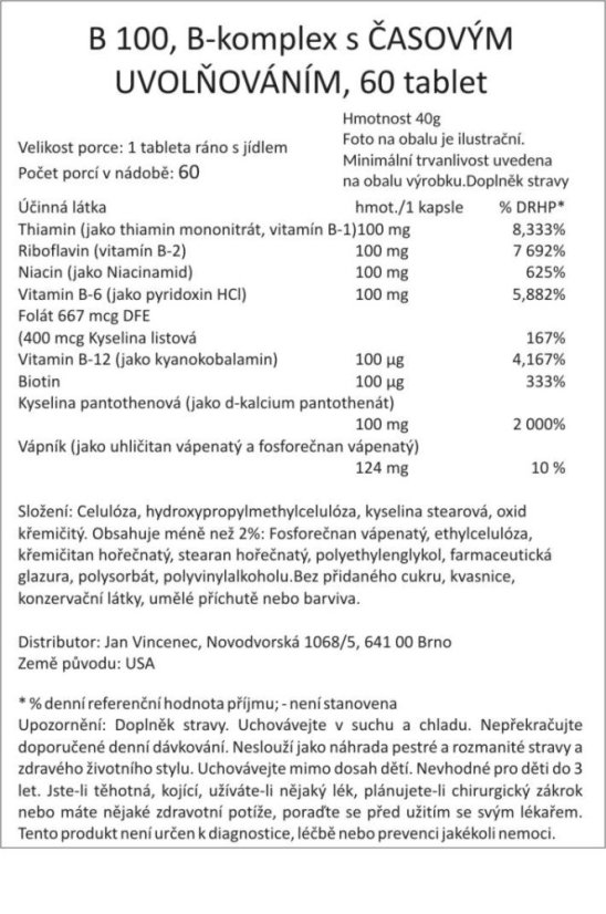 B 100, nejsilnější B-komplex s ČASOVÝM UVOLŇOVÁNÍM, 60 tablet